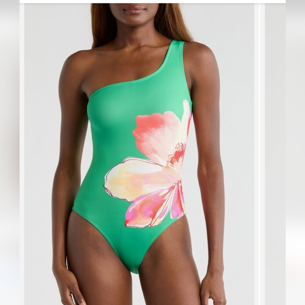HUTCH PLACEMENT PRINT ONE SHOULDER ONE PIECE SWIMSUIT IN GREEN LOTUS TRELLIS